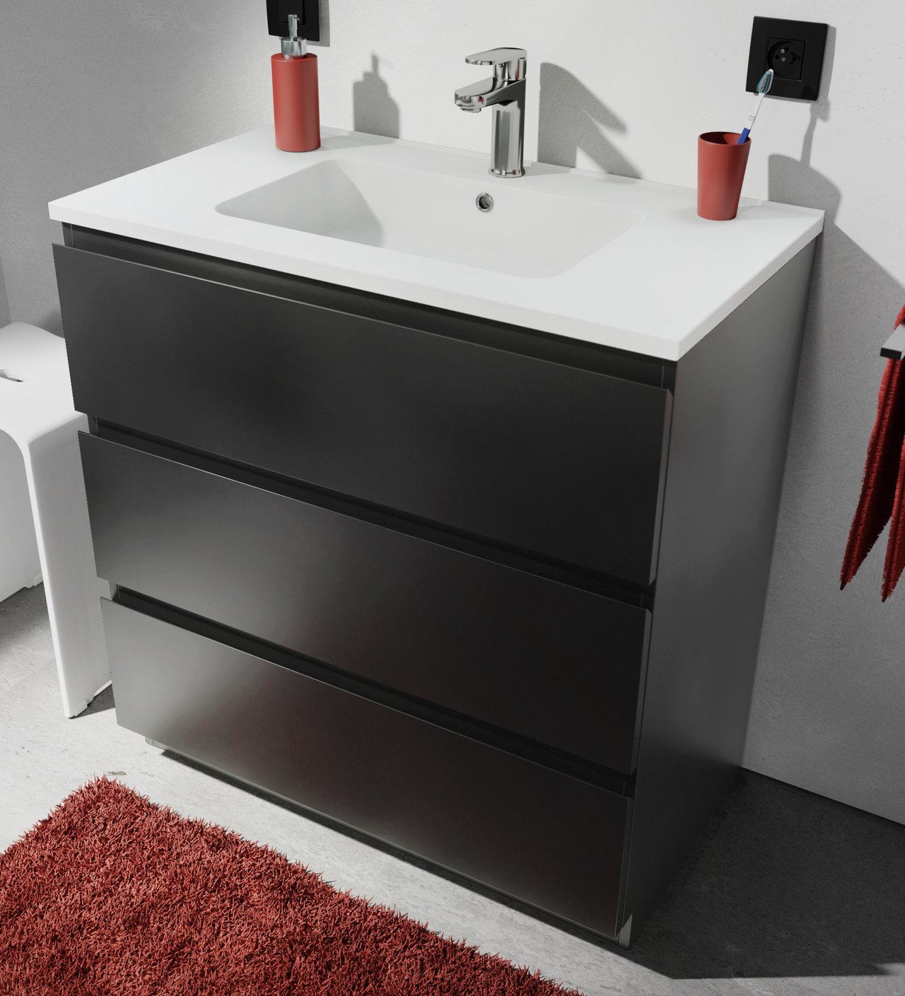 Linie Lado meuble sous-lavabo a poser 80 x 46 cm Noir Mat 3 tiroirs