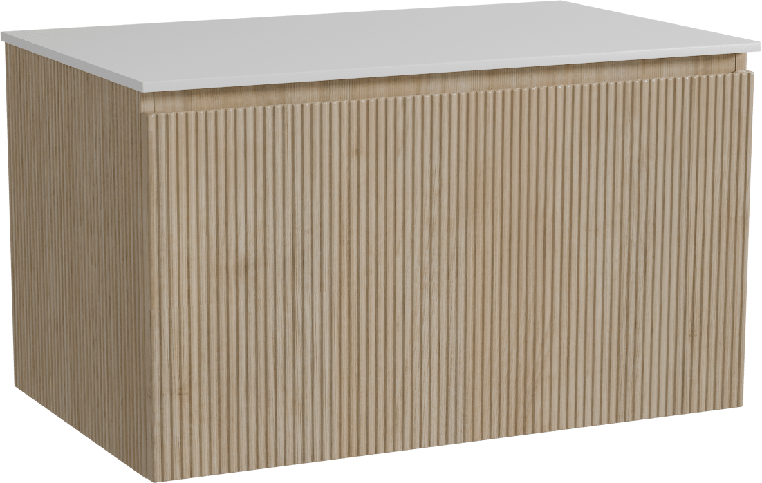 Storke Ribs meuble salle de bains suspendu 85 x 52 cm chêne brut avec Tavola tablette simple en solid surface blanc mat, Nervure droite symétrique verticale