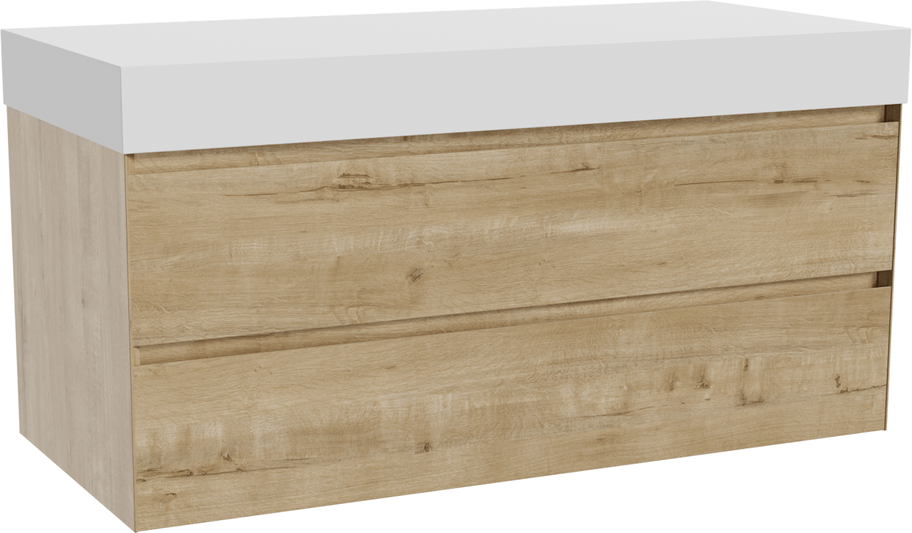 Balmani Mitra hängendes Möbelstück Set: 120 x 55 cm, Rohe Eiche, mit Dominus Einzel- oder Doppel Waschtischplatte, Solid Surface Weiß matt