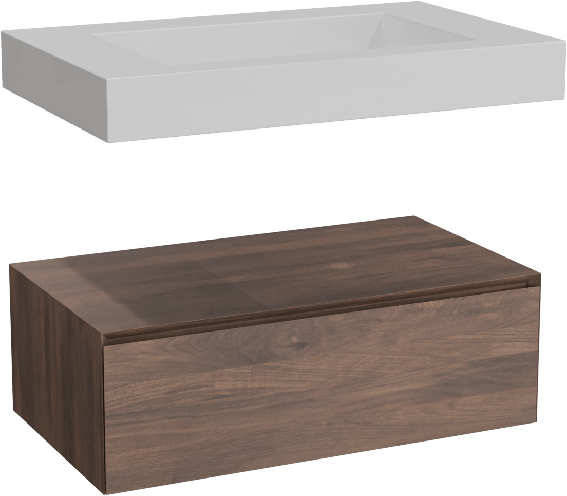 Balmani Mitra Elements hängendes Möbelstück Set: 90 x 55 cm, Amerikanischer Nussbaum mit Modus Einzelwaschtisch, Solid Surface Weiß matt