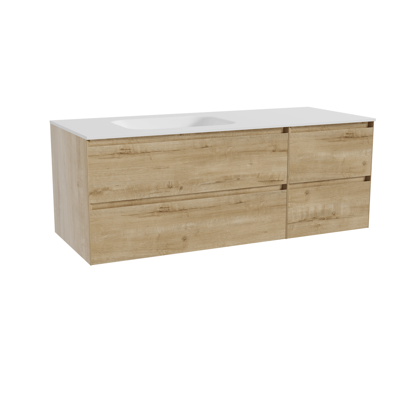 Balmani Mitra hängendes Möbelstück Set: 135 x 55 cm, Rohe Eiche, mit Tablo Arcato Waschtisch links, Solid Surface Weiß matt