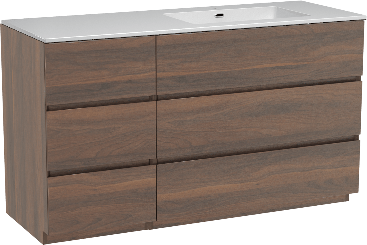 Storke Edge staand badmeubel 140 x 52 cm notenhout met Diva asymmetrisch rechtse wastafel in composietmarmer hoogglans wit