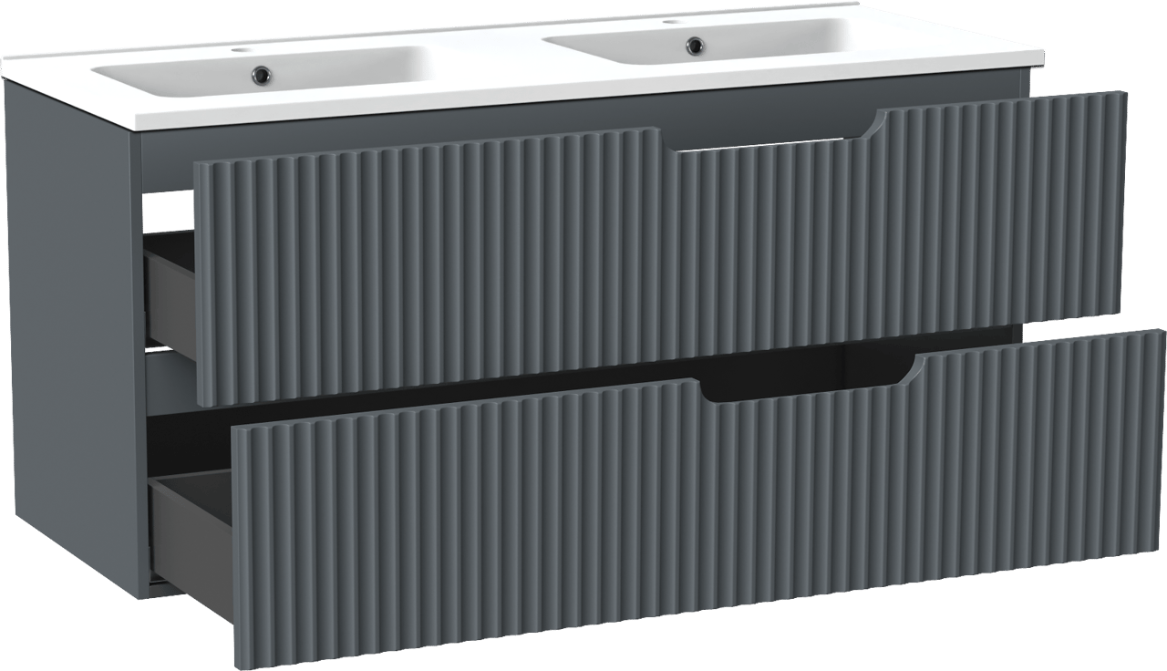 Linie Ribbo meuble salle de bains suspendu 120 x 46 cm bleu anthracite avec Vano double vasque en marbre composite blanc mat, Nervure circulaire symétrique verticale