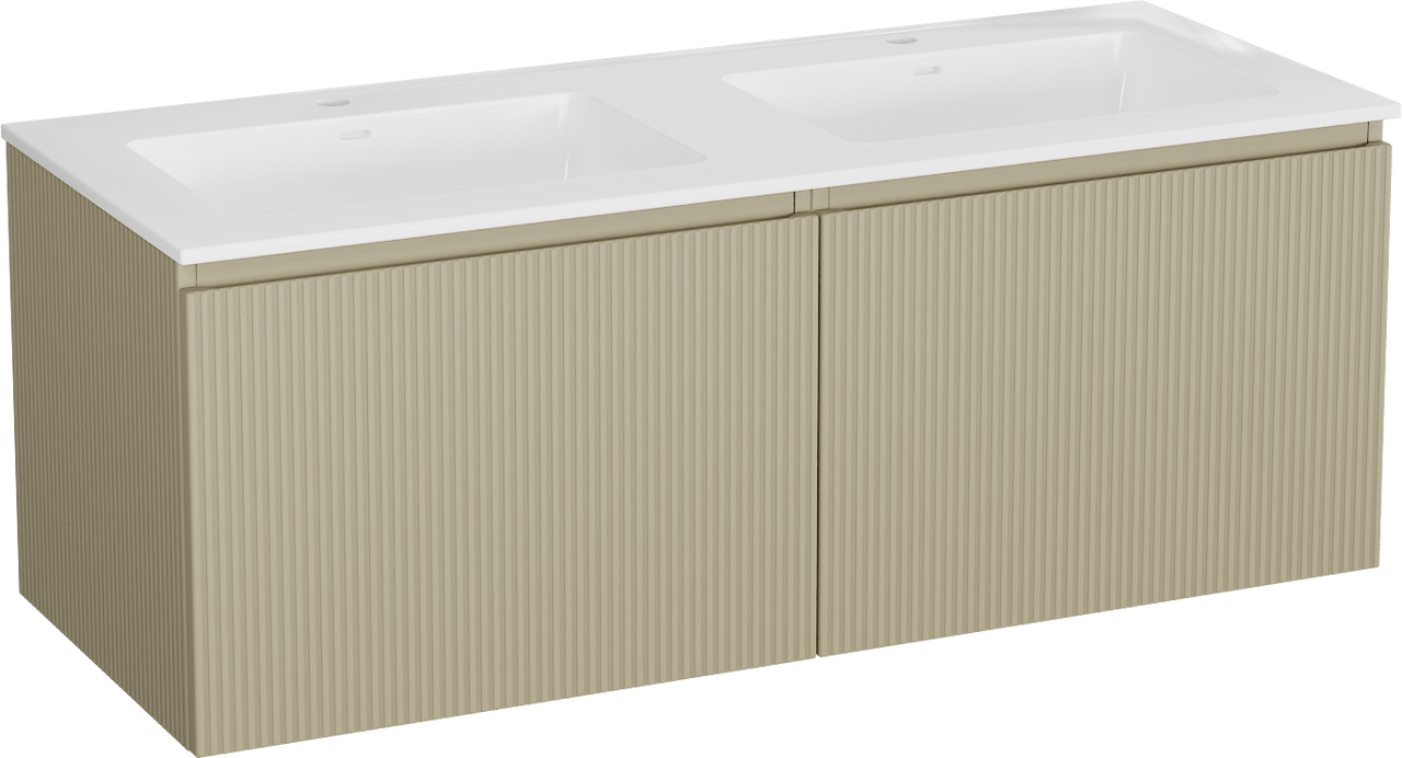 Storke Ribs meuble salle de bains suspendu 130 x 52 cm soie grise avec Bilia double vasque en marbre composite blanc brillant, Nervure droite symétrique verticale