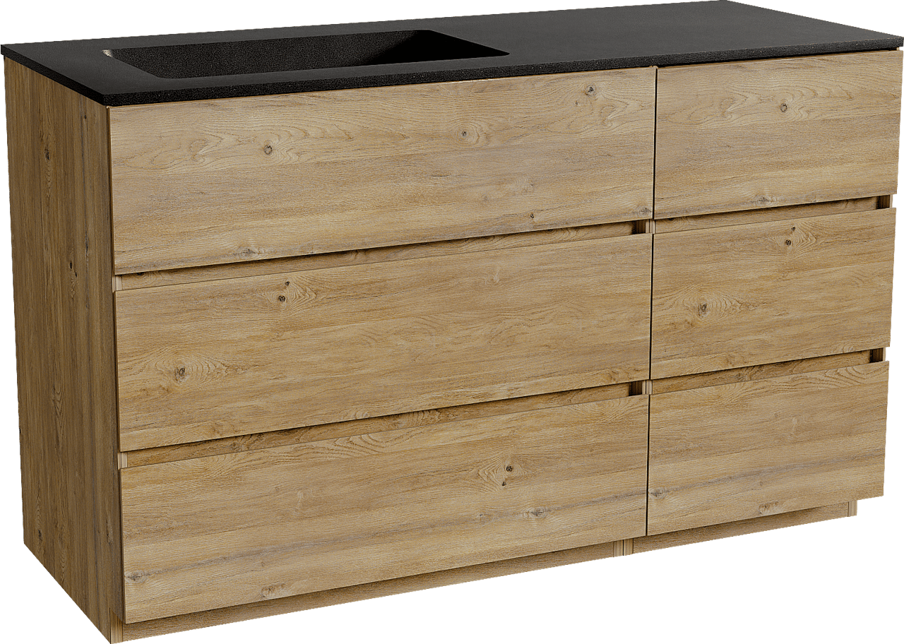 Storke Edge staand badmeubel 130 x 52 cm ruw eiken met Scuro asymmetrisch linkse wastafel in kwarts mat zwart