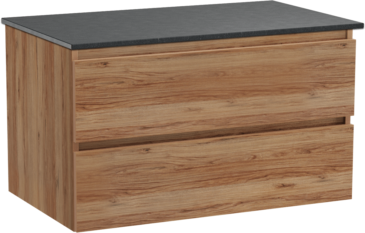 Balmani Lucida hängendes Möbelstück Set: 90 x 55 cm, Teak, mit Stretto Einzel Waschtischplatte, Schwarzes Granit