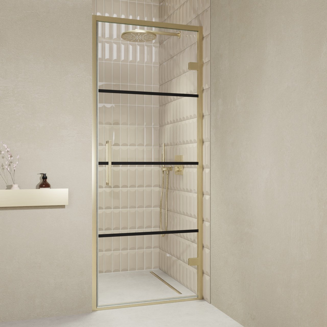 Balmani Senses Design porte pivotante à droite 90 cm x 210 cm verre Lined, Profil Brushed Champagne Gold, coating inclus