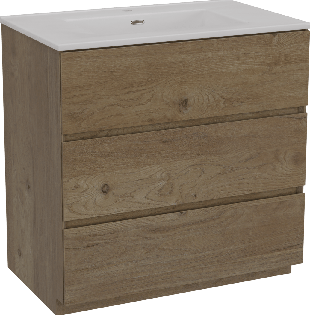 Storke Edge staand badmeubel 85 x 52 cm ruw eiken met Kera enkele wastafel in porselein mat wit
