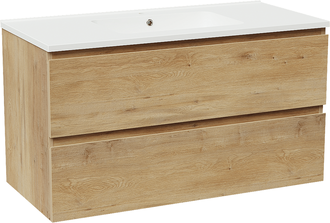 Linie Lado zwevend badkamermeubel 100 x 46 cm natuur eik met Vano enkele wastafel in composietmarmer mat wit