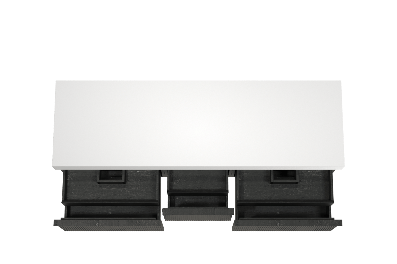 Balmani Forma hängendes Möbelstück Set: 180 x 55 cm, Schwarze Eiche, mit Dominus Einzel- oder Doppel Waschtischplatte, Solid Surface, Weiß matt, Vertikale symmetrische gerade Rippe