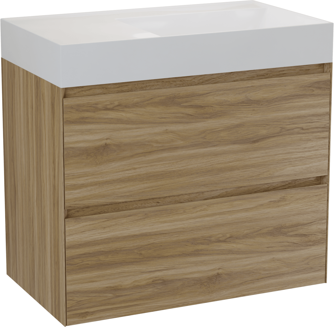 Balmani Mitra Compact zwevend badkamermeubel 80 x 46 cm wilde eik met Argila asymmetrisch rechtse wastafel in composietmarmer glanzend wit