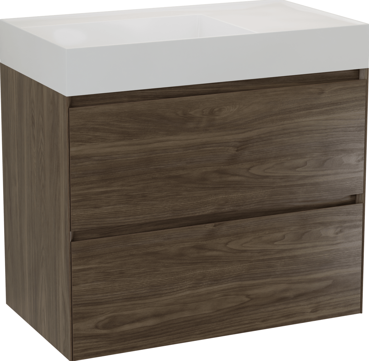 Balmani Mitra Compact zwevend badkamermeubel 80 x 46 cm Amerikaanse notelaar met Argila asymmetrisch linkse wastafel in composietmarmer glanzend wit