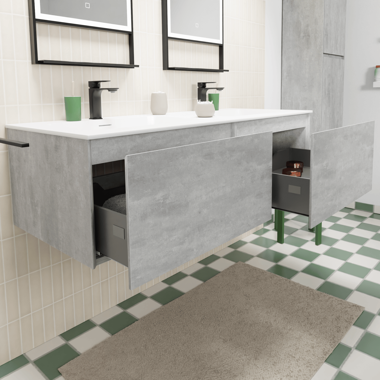 Storke Edge zwevend badmeubel 130 x 52 cm beton donkergrijs met Mata dubbele wastafel in solid surface mat wit