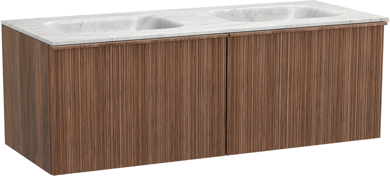 Balmani Forma zwevend badmeubel 135 x 55 cm amerikaans notenhout met Tablo Arcato dubbele wastafel in marmer carrara, Verticale asymmetrische ronde ribbel