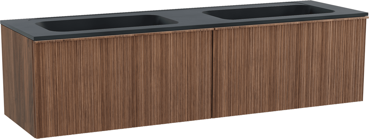 Balmani Forma zwevend badmeubel 180 x 55 cm amerikaans notenhout met Tablo Strada dubbele wastafel in composietmarmer mat zwart, Verticale asymmetrische ronde ribbel