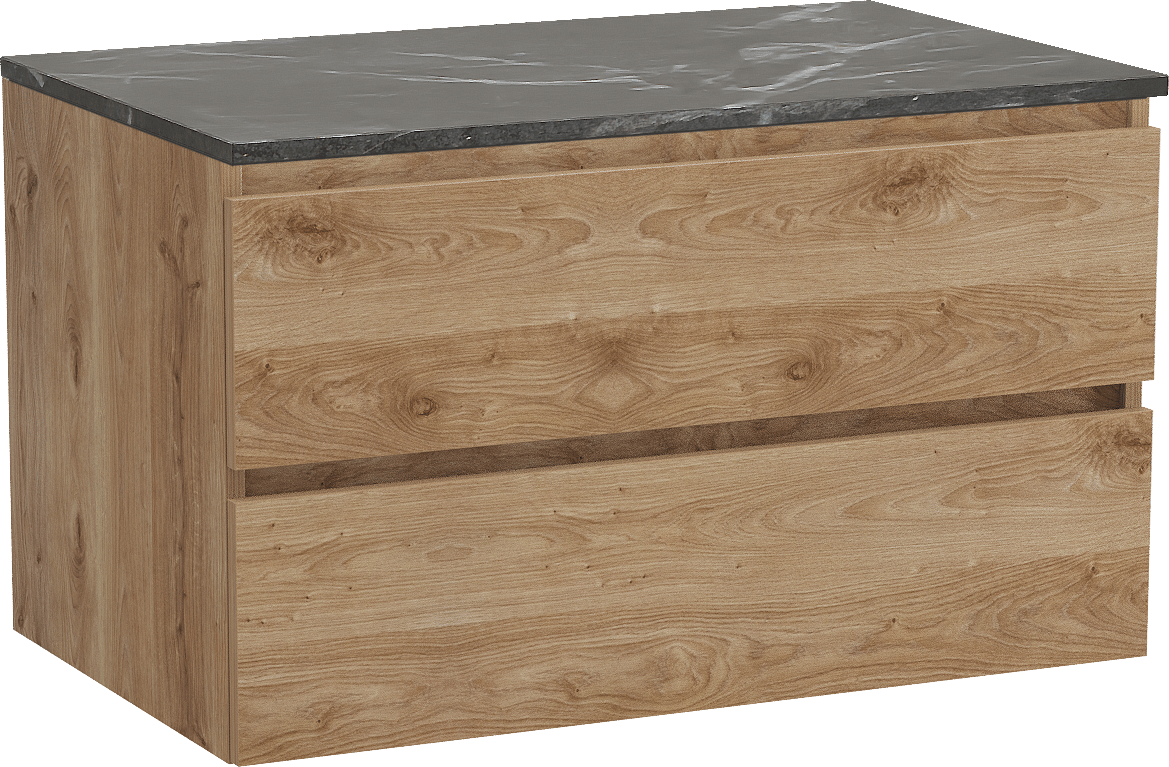 Balmani Lucida zwevend badkamermeubel 90 x 55 cm ruwe eik met Stretto enkel tablet in marmer pietra grey