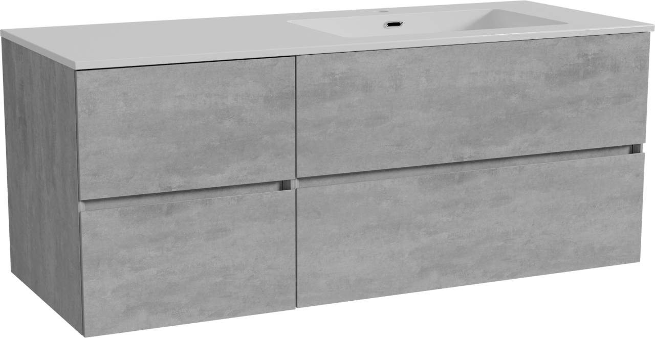 Storke Edge meuble salle de bains suspendu 130 x 52 cm béton gris foncé avec Diva plan vasque asymétrique à droite en marbre composite blanc brillant