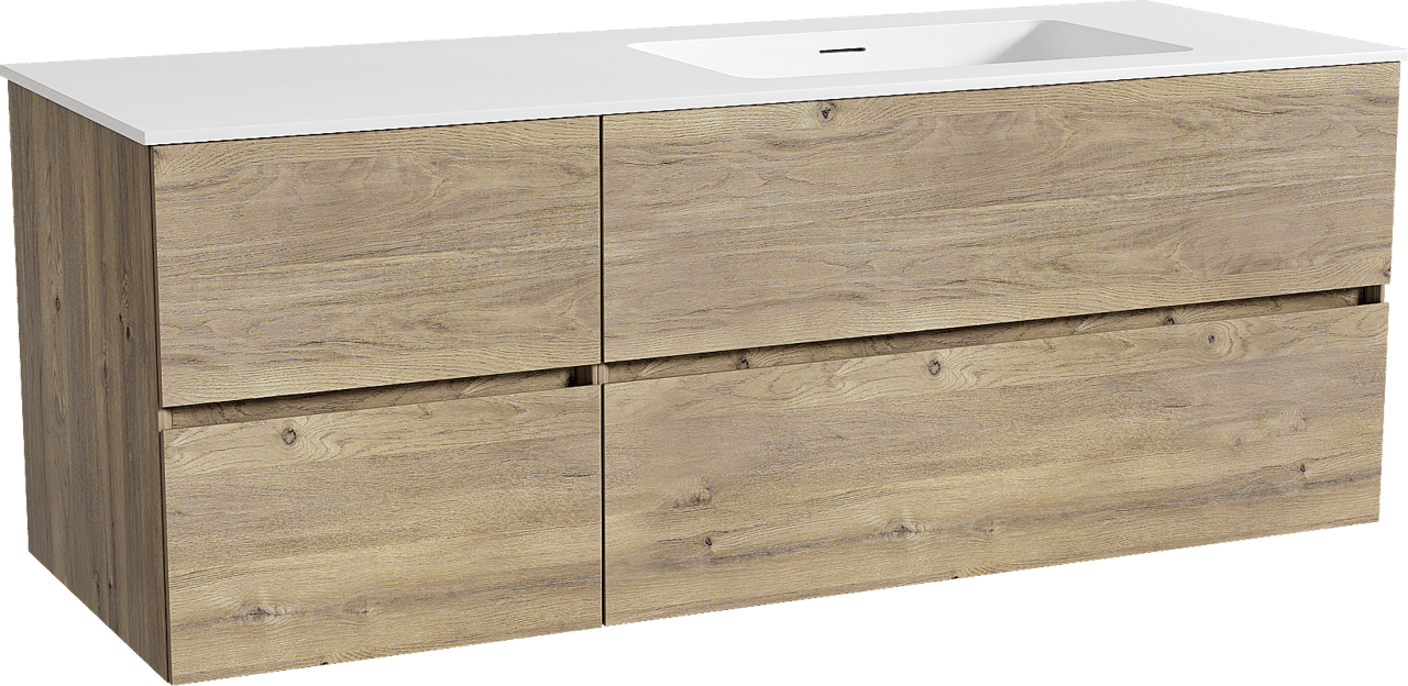 Storke Edge zwevend badkamermeubel 140 x 52 cm ruwe eik met Mata asymmetrisch rechtse wastafel in solid surface mat wit