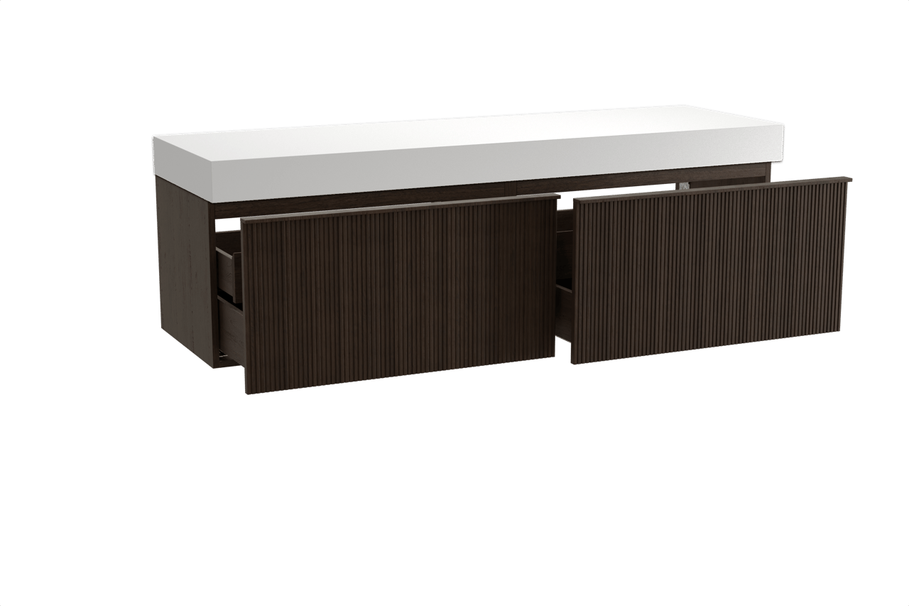 Balmani Forma zwevend badkamermeubel 180 x 55 cm gerookte eik met Dominus enkel of dubbel tablet in solid surface mat wit, Verticale symmetrische rechte ribbel