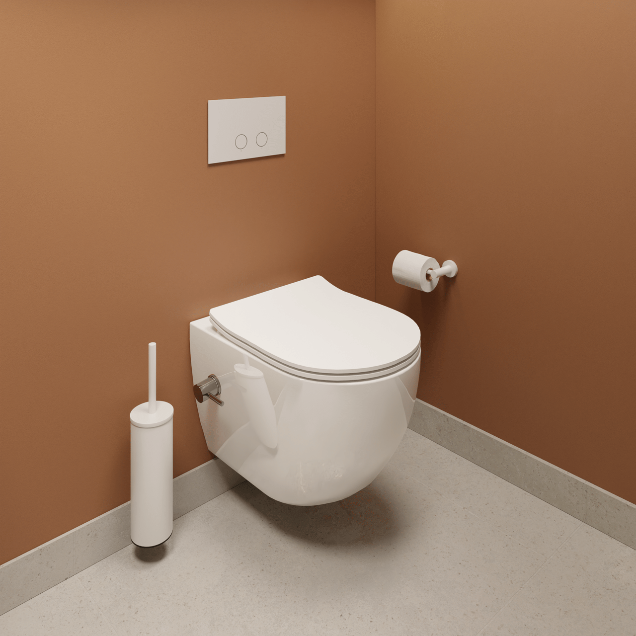 Luca Varess Moreno bidet blanc brillant sans rebord avec Geberit Sigma réservoir de chasse encastré UP320 avec cadre Burda et plaque de commande