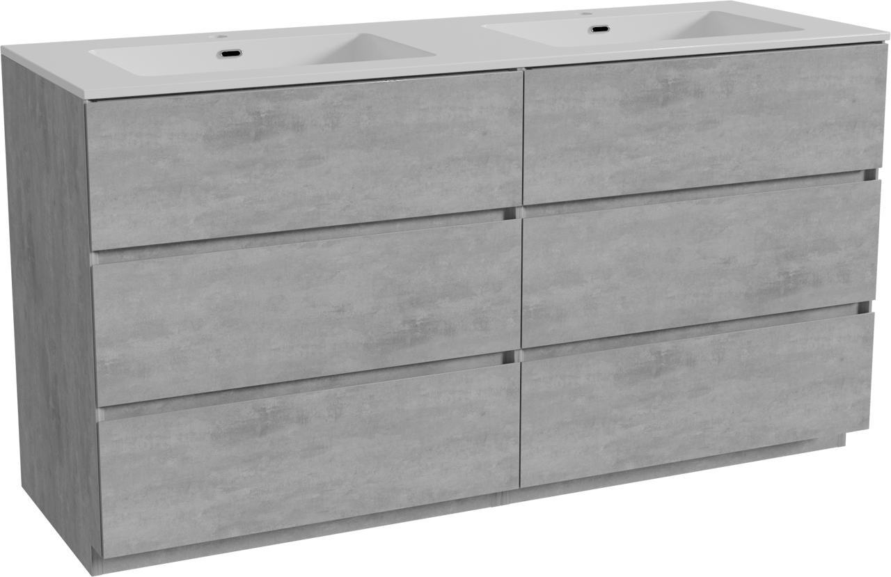 Storke Edge staand badmeubel 150 x 52 cm beton donkergrijs met Diva dubbele wastafel in composietmarmer hoogglans wit