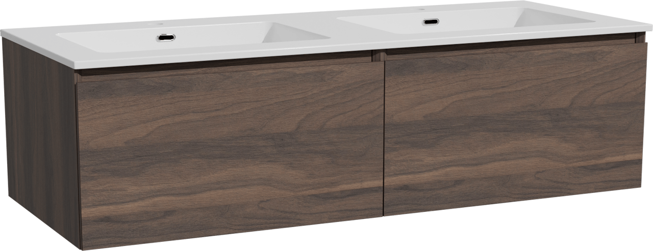 Storke Edge meuble salle de bains suspendu 130 x 52 cm noyer avec Diva double vasque en marbre composite blanc brillant