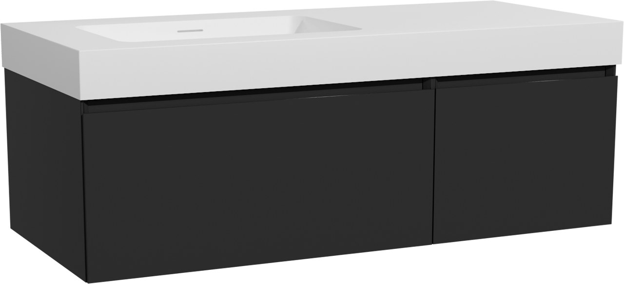 Storke Edge zwevend badmeubel 120 x 52 cm mat zwart met Mata High asymmetrisch linkse wastafel in solid surface mat wit