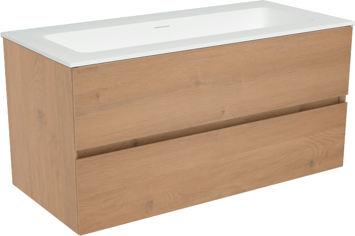 Storke Edge zwevend badkamermeubel 100 x 46 cm ruwe eik met Mata enkele wastafel in solid surface mat wit