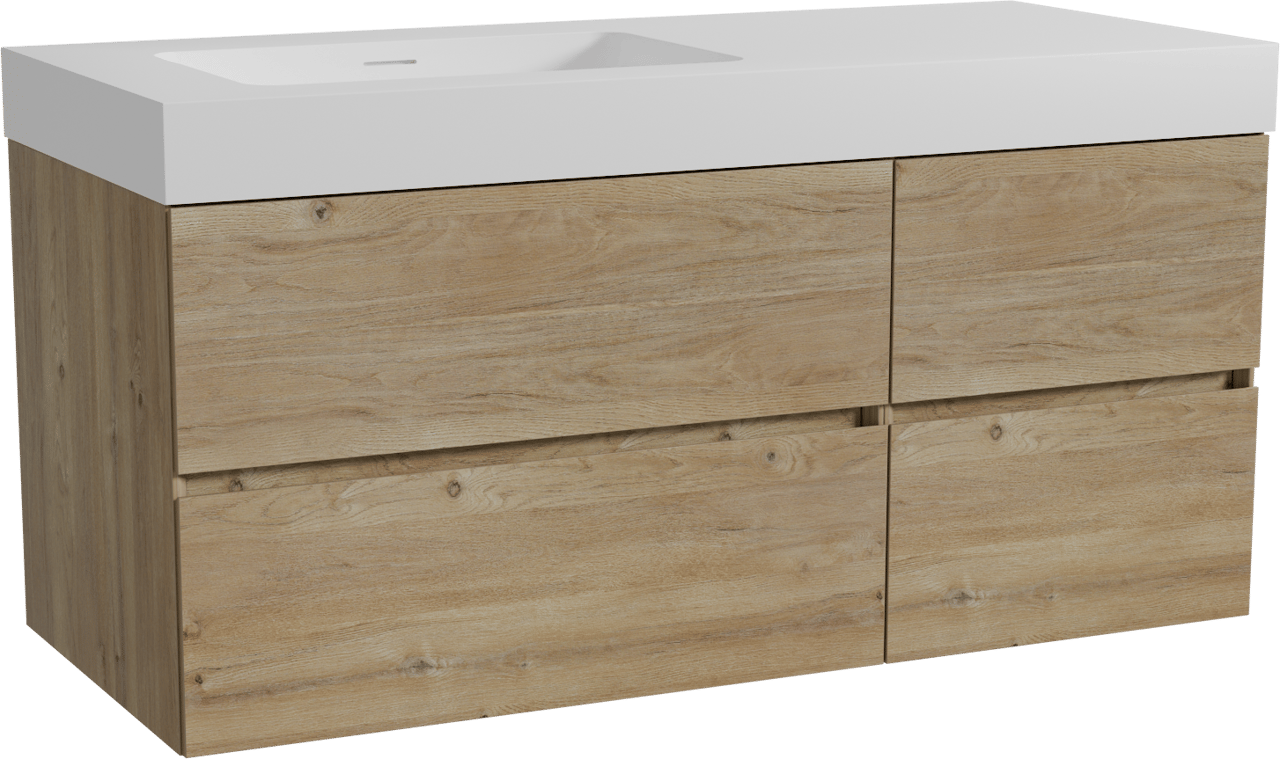 Storke Edge zwevend badmeubel 120 x 52 cm ruw eiken met Mata High asymmetrisch linkse wastafel in solid surface mat wit