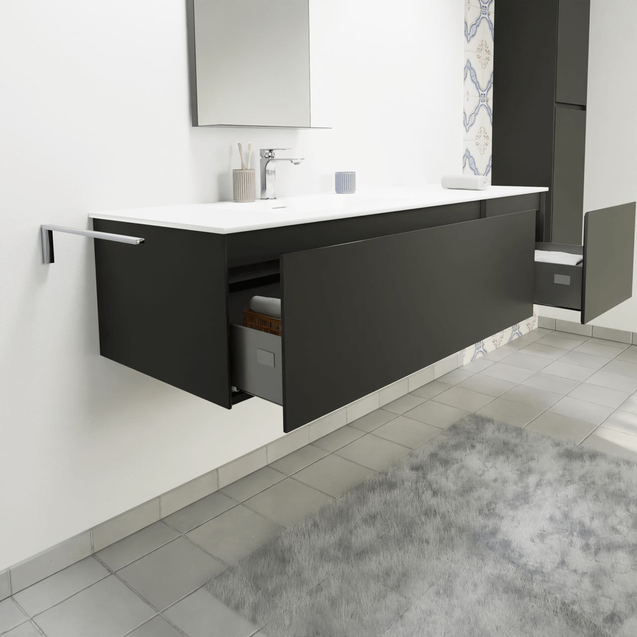Storke Edge zwevend badkamermeubel 150 x 52 cm mat zwart met Mata asymmetrisch linkse wastafel in solid surface mat wit