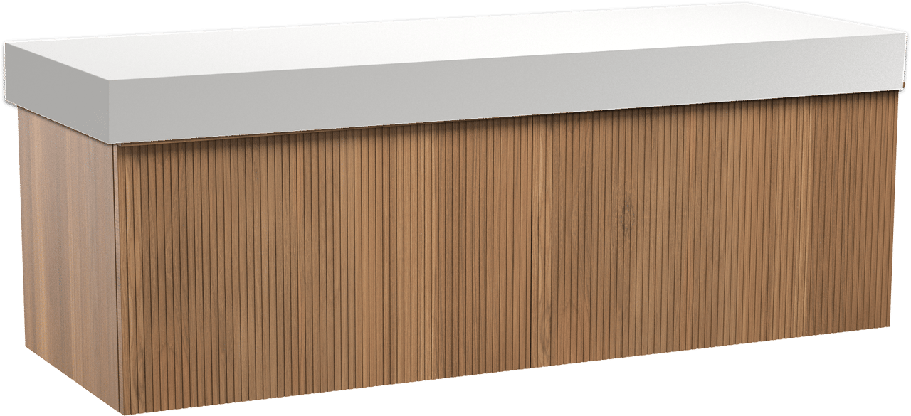 Balmani Forma zwevend badkamermeubel 150 x 55 cm teak met Dominus enkel of dubbel tablet in solid surface mat wit, Verticale symmetrische rechte ribbel