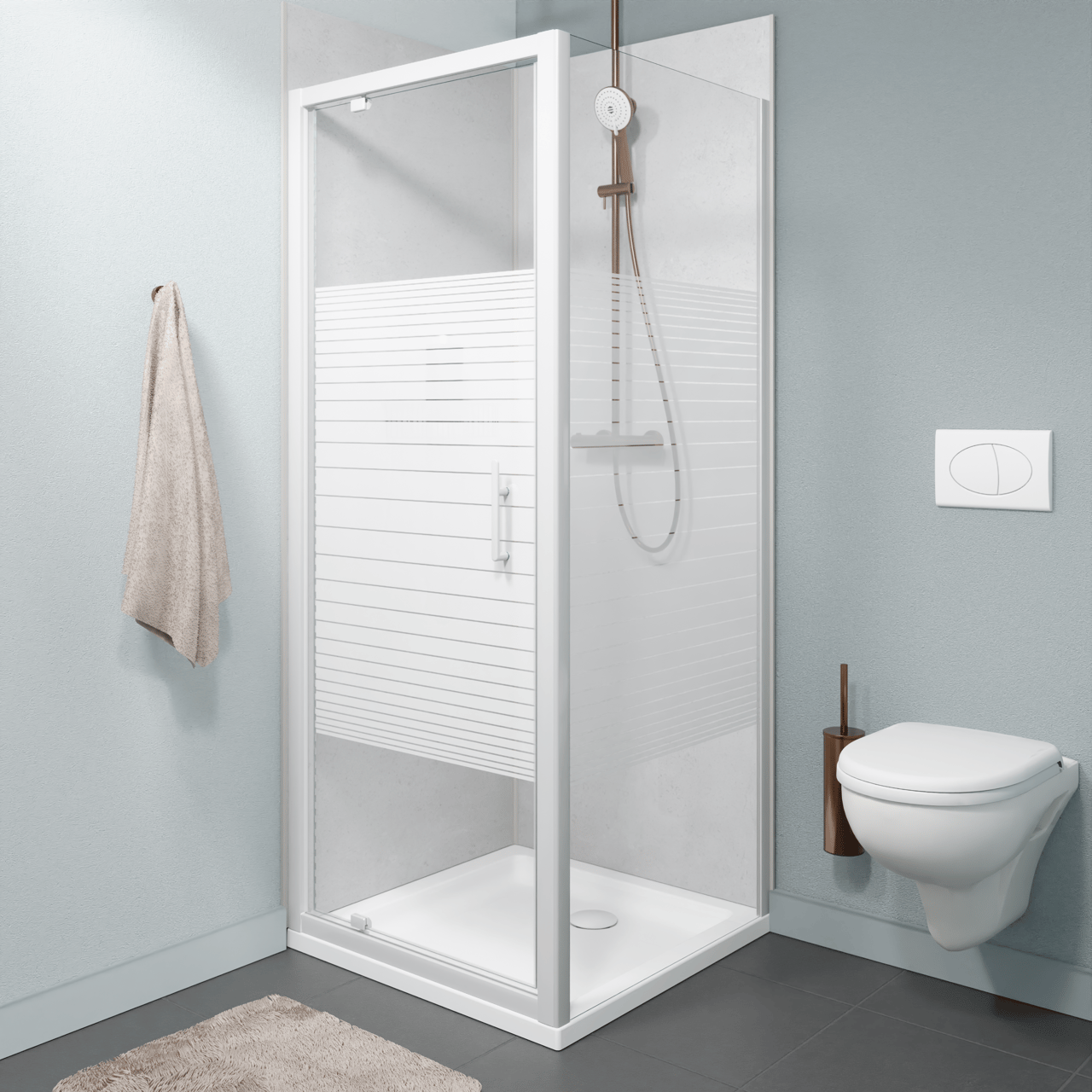 SanyOne Anton douchehoek met draaideur en vaste zijwand, 80 x 80 cm, gestreept glas, witte profielen