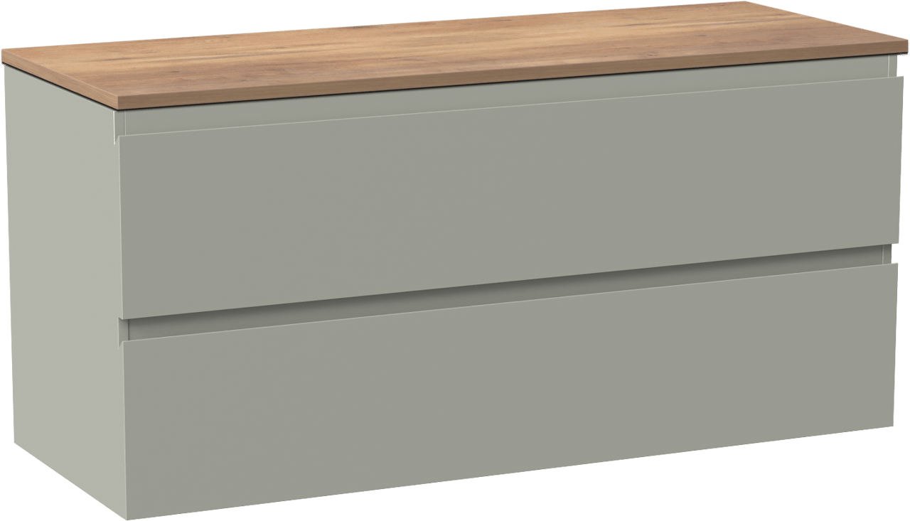 Linie Lado zwevend badmeubel 120 x 46 cm greige met Lado enkel of dubbel wastafelblad in melamine naturel eiken