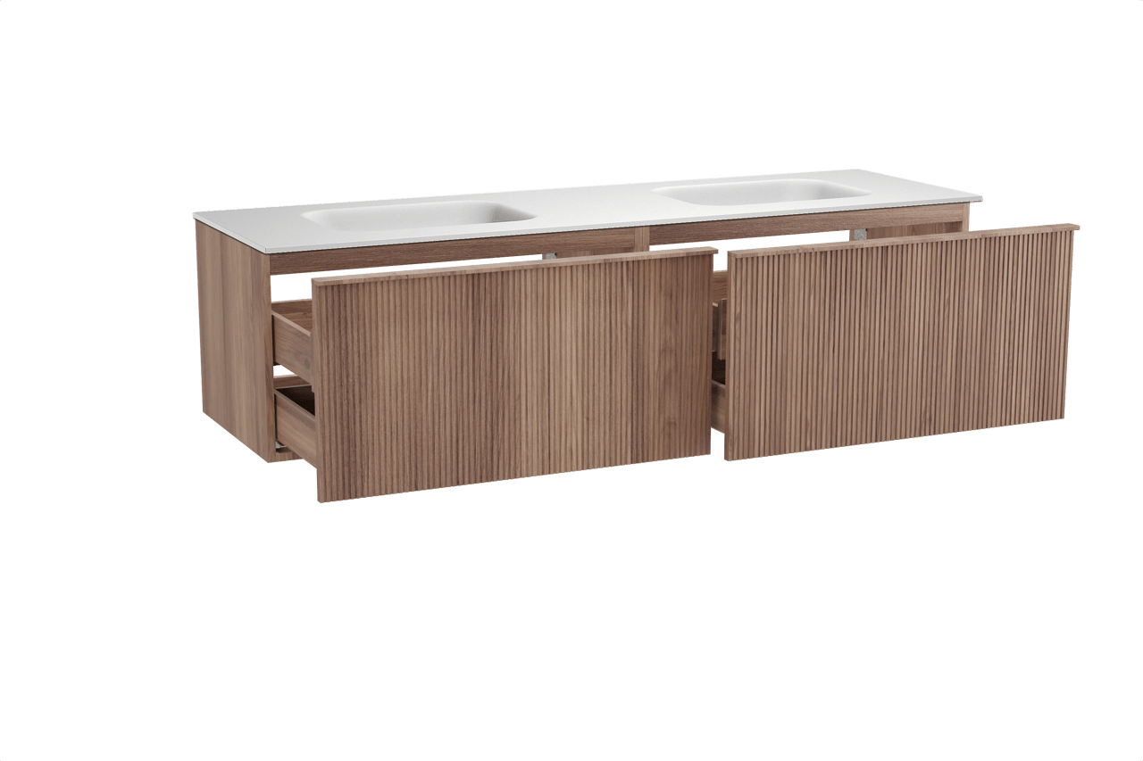 Balmani Forma zwevend badkamermeubel 180 x 55 cm teak met Tablo Arcato dubbele wastafel in solid surface mat wit, Verticale symmetrische rechte ribbel