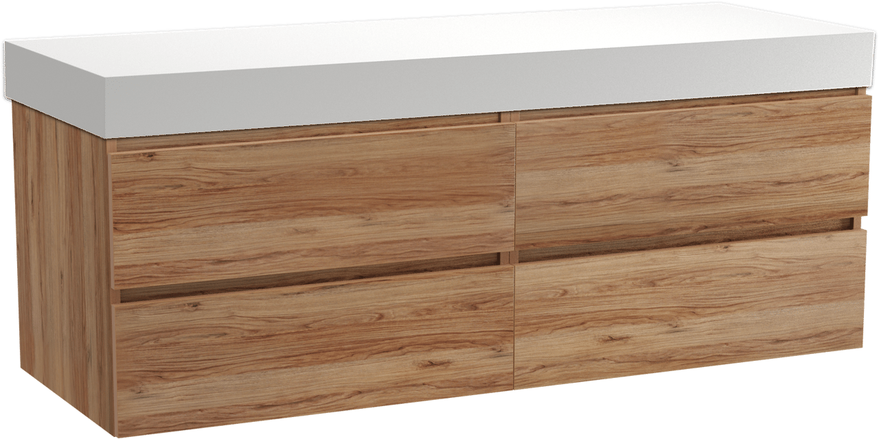 Balmani Lucida hängendes Möbelstück Set: 150 x 55 cm, Teak, mit Dominus Einzel- oder Doppel Waschtischplatte, Solid Surface Weiß matt