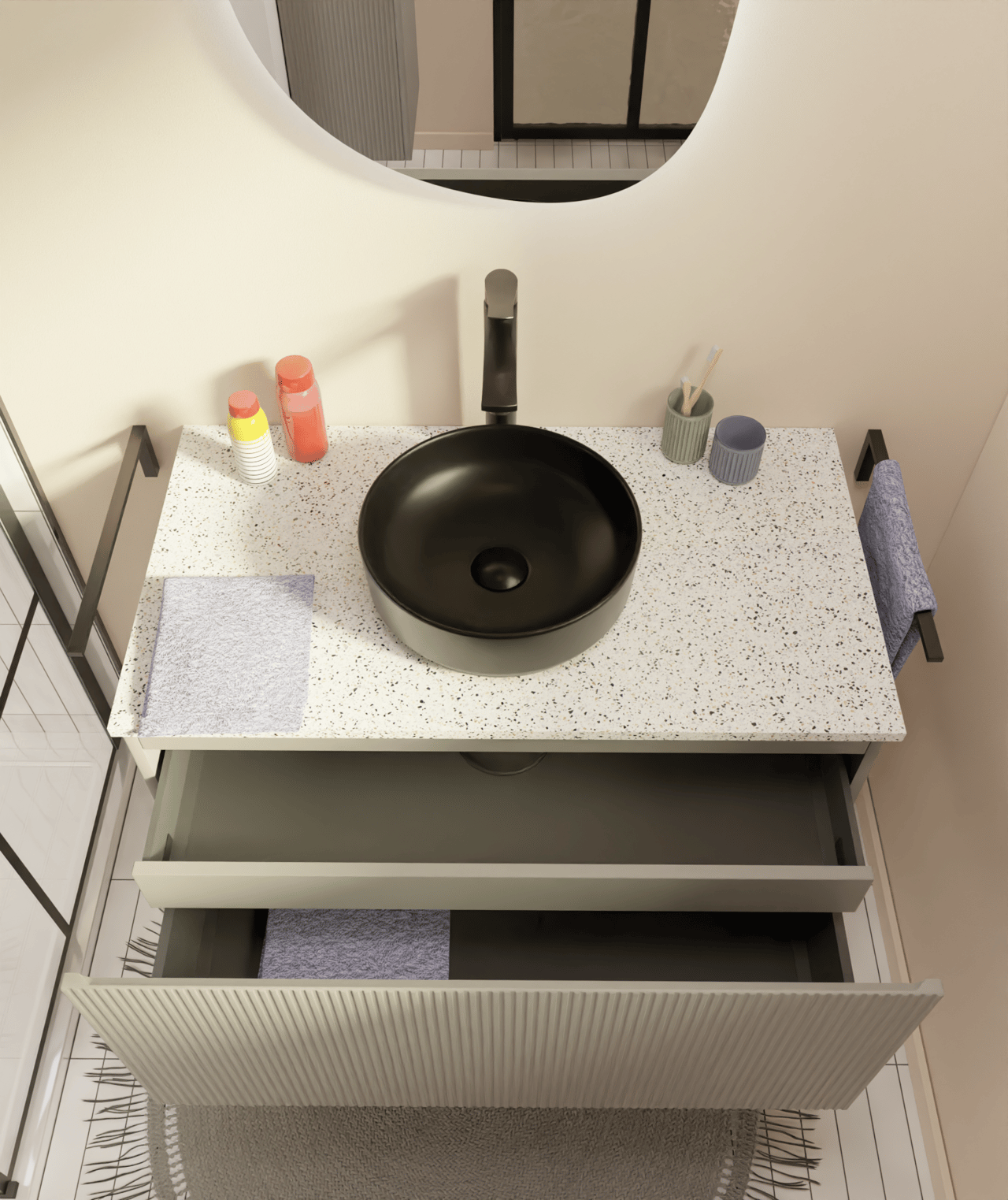 Storke Ribs meuble sous-vasque suspendu 95 x 52 cm soie grise 2 tiroirs
