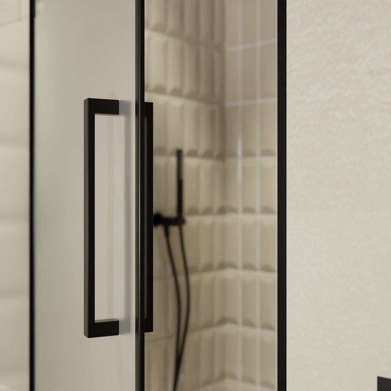 Balmani Senses Design douche draaideur links 100 cm x 210 cm Helder glas met matte strook, Zwarte profielen