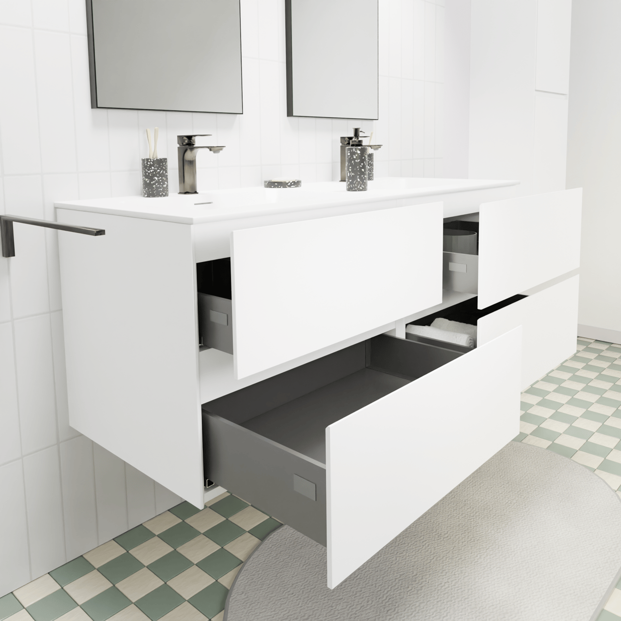 Storke Edge zwevend badkamermeubel 130 x 52 cm mat wit met Mata dubbele wastafel in solid surface mat wit
