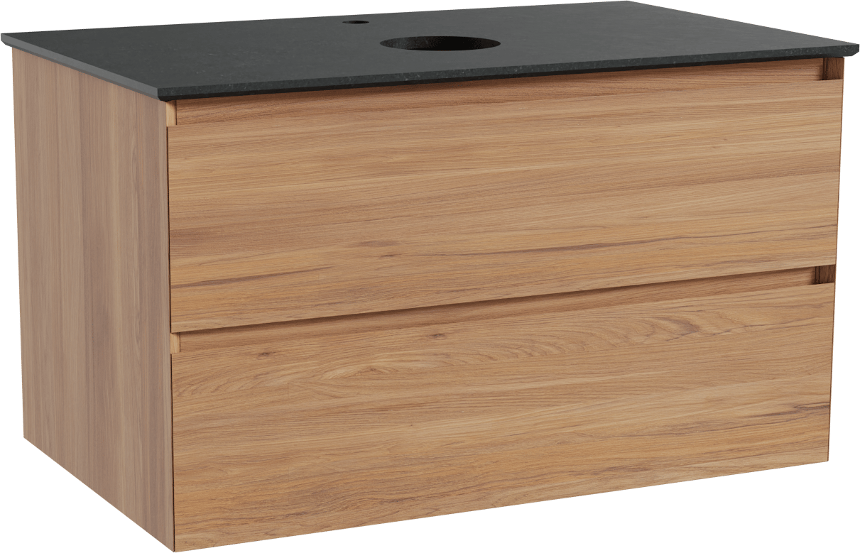 Balmani Mitra zwevend badkamermeubel 90 x 55 cm teak met Facetta enkel tablet in graniet zwart