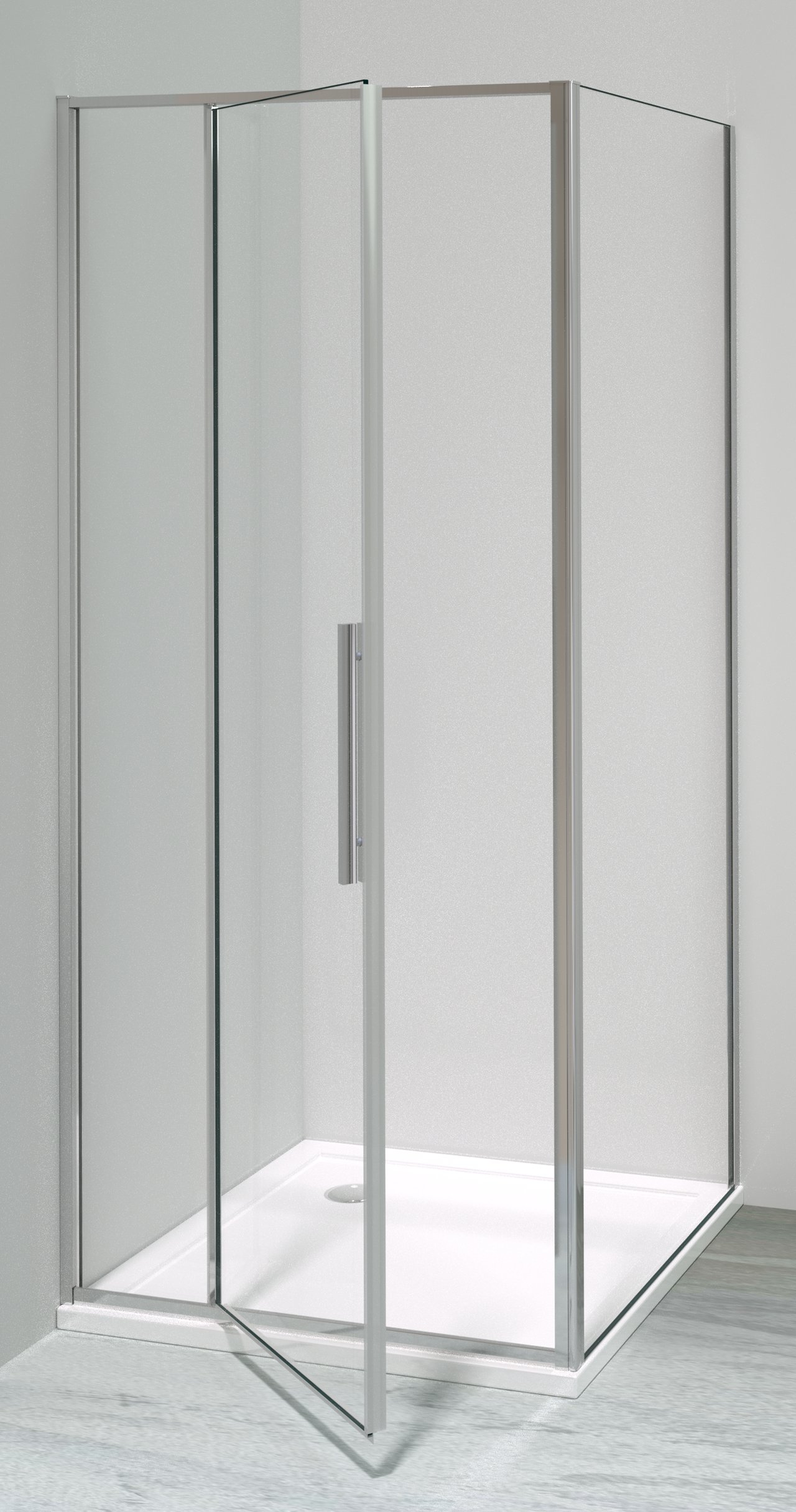 Luca Varess Morano paroi d'angle avec porte pivotante avec 2 panneaux latéraux fixes 90 x 90 cm verre transparent profil chrome brillant