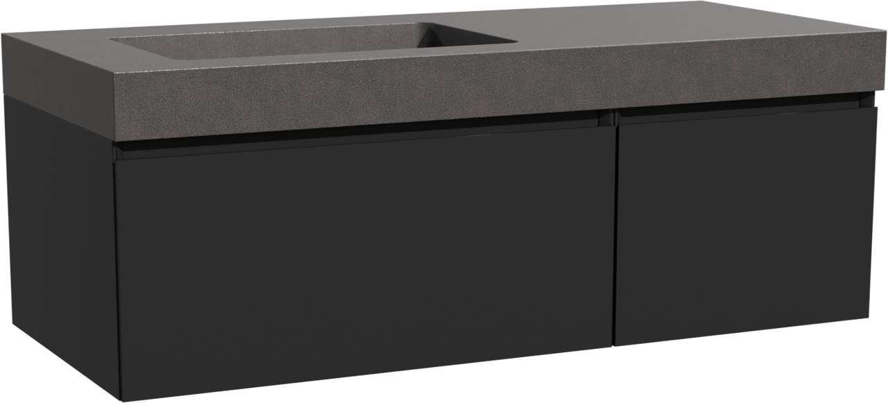 Storke Edge zwevend badkamermeubel 120 x 52 cm mat zwart met Scuro High asymmetrisch linkse wastafel in kwarts mat zwart