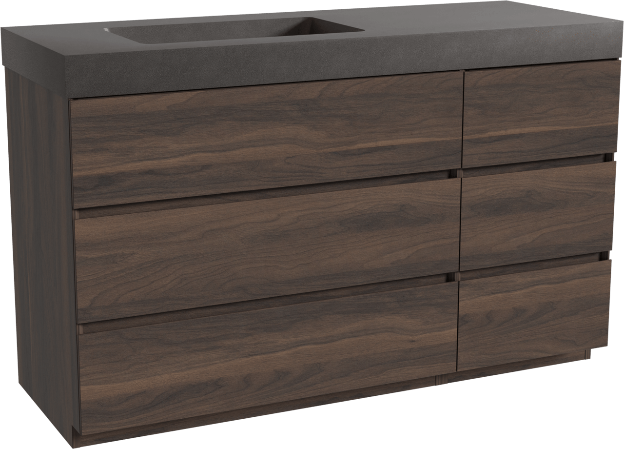 Storke Edge staand badkamermeubel 140 x 52 cm notelaar met Scuro High asymmetrisch linkse wastafel in kwarts mat zwart