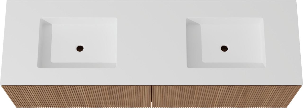 Balmani Eclips meuble salle de bains suspendu 180 x 55 cm Teck avec Tablo Stretto double vasque en Solid Surface blanc mat, Nervure droite symétrique verticale