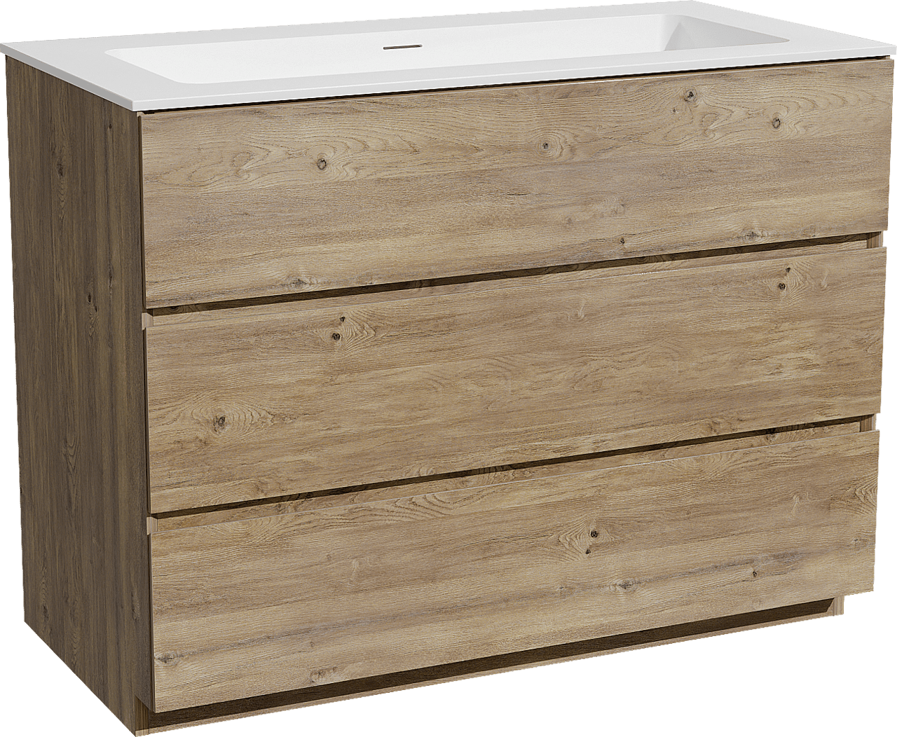 Storke Edge staand badkamermeubel 105 x 52 cm ruwe eik met Mata enkele wastafel voor 2 kraangaten in solid surface mat wit