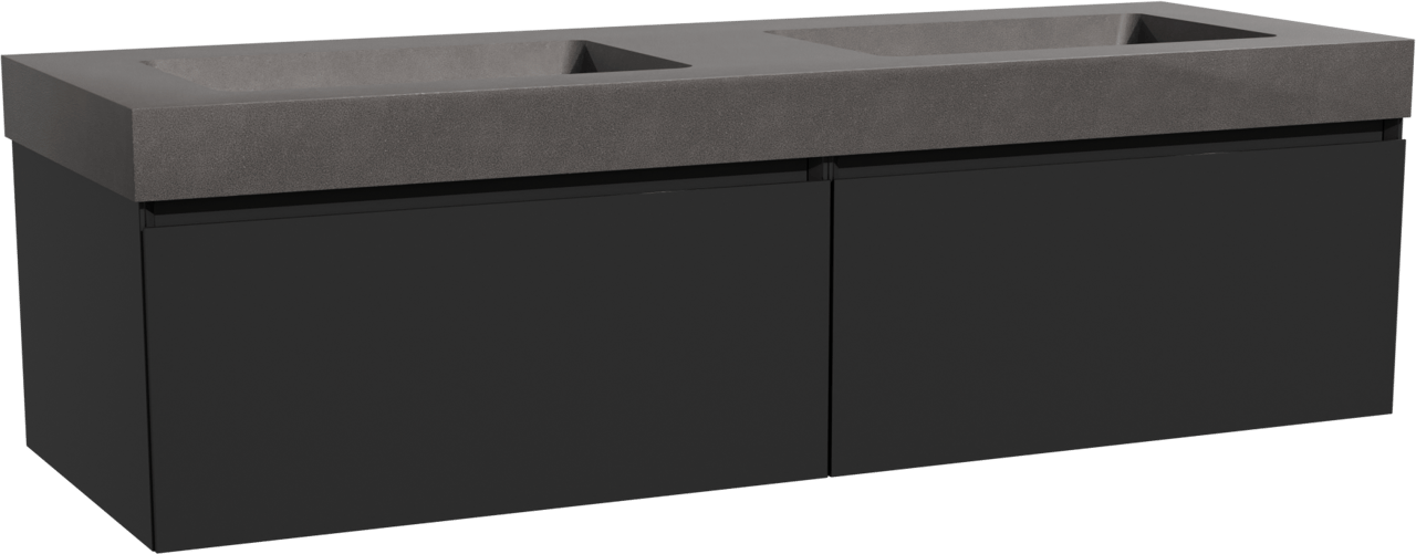 Storke Edge zwevend badkamermeubel 150 x 52 cm mat zwart met Scuro High dubbele wastafel in kwarts mat zwart