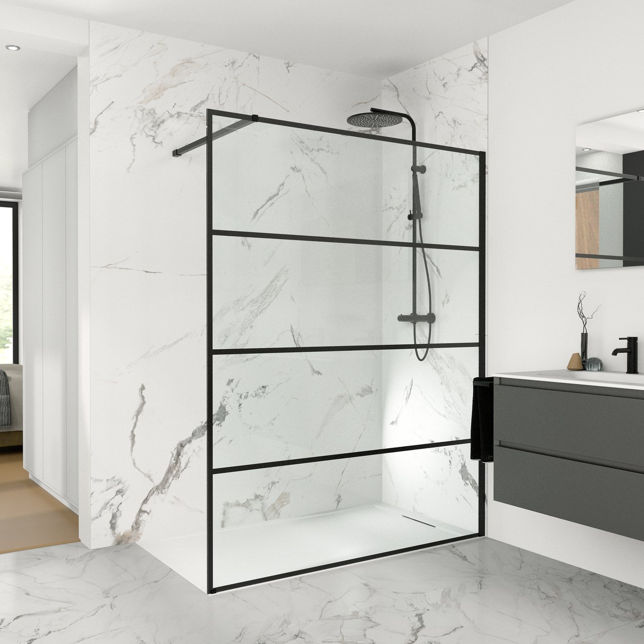 Balmani Modular douche à l'italienne 140 x 200 cm verre lined profil noir mat