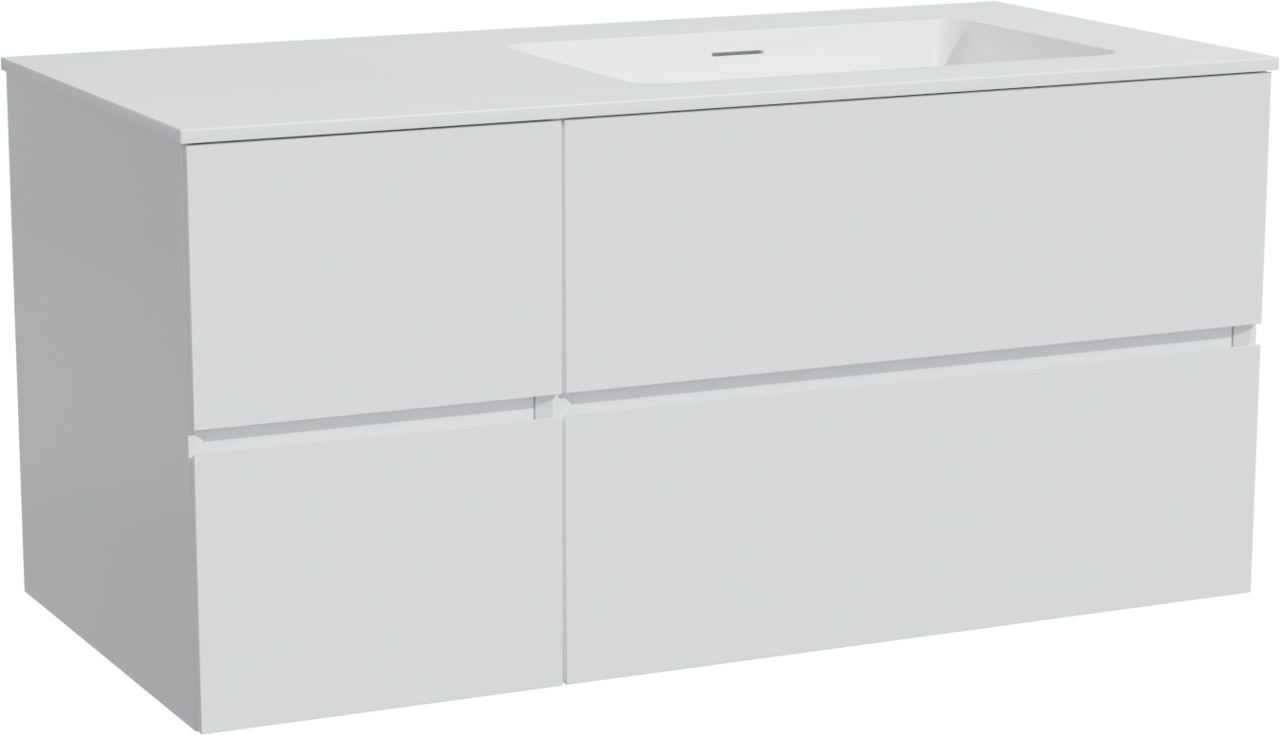 Storke Edge zwevend badmeubel 110 x 52 cm mat wit met Mata asymmetrisch rechtse wastafel in solid surface mat wit
