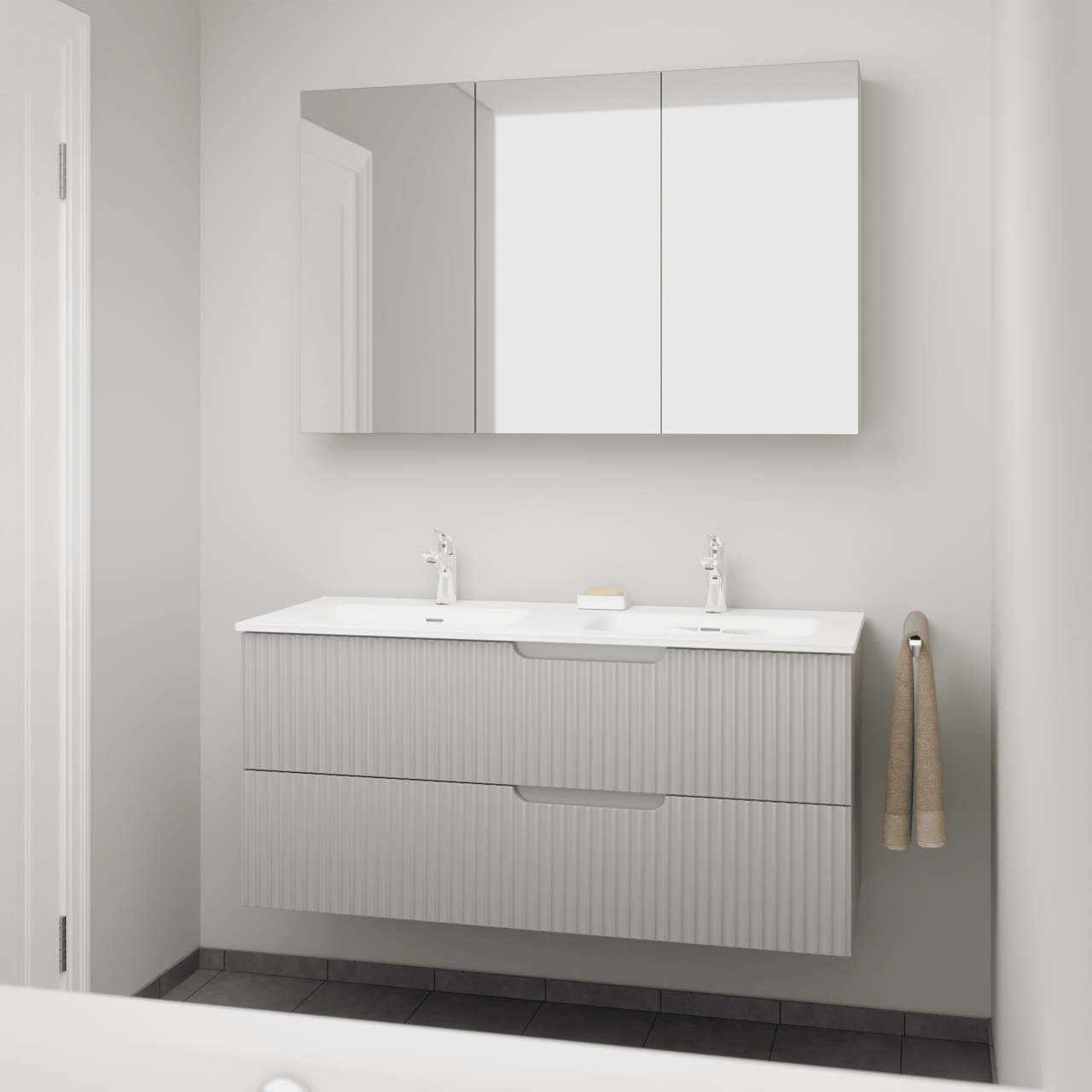 Linie Ribbo hängendes Möbelstück Set: 120 x 46 cm, Greige, mit Baro Doppelwaschtisch, Porzellan, Weiß glänzend, Vertikale symmetrische runde Rippe und Montro Spiegelschrank