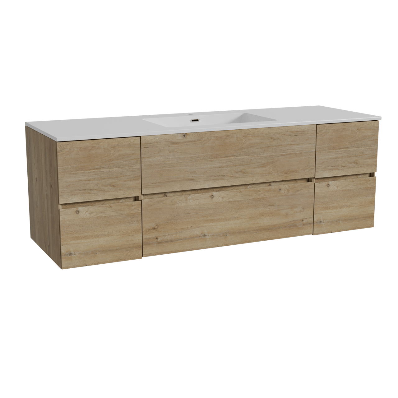 Storke Edge zwevend badmeubel 155 x 52 cm ruw eiken met Diva enkele wastafel in composietmarmer hoogglans wit