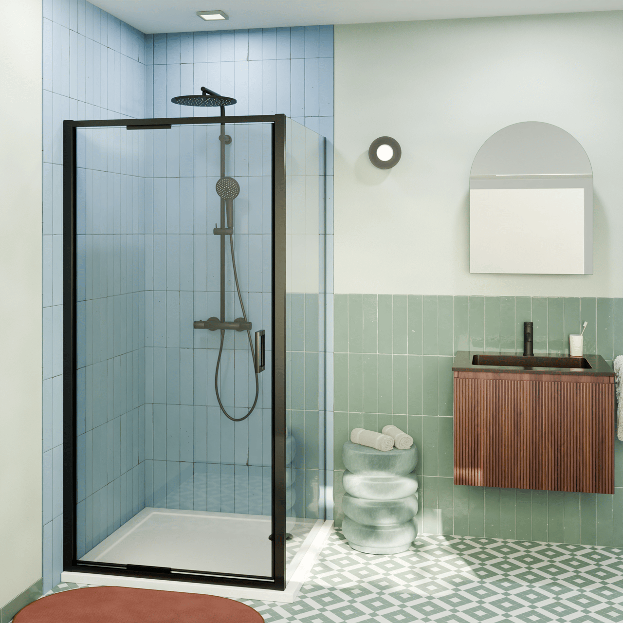 Luca Varess Vidor In paroi de douche avec porte pivotante et paroi latérale fixe 100 x 80 cm verre transparent profil noir mat